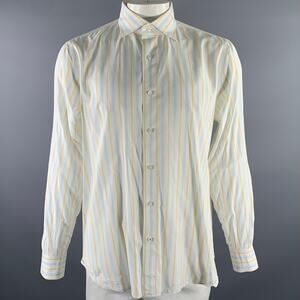 ISAIA Size XL White Blue Yellow Stripe Cotton Pointed Collar Long Sleeve Shirt